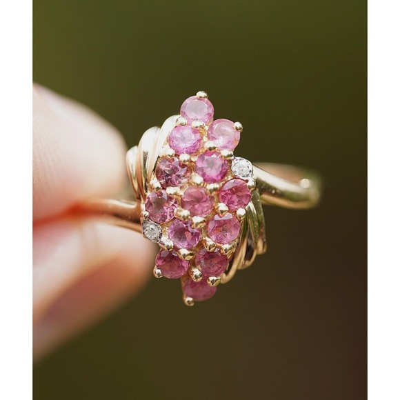 Jewelry - Vintage 14k Solid Yellow Gold Natural Pink Tourmaline & Diamond Ring - Cluster
